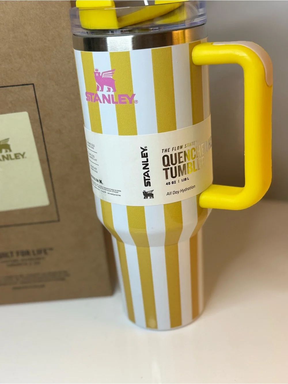 New! Stanley Quencher Yellow & White Striped Tumbler with Handle 40 OZ - Picture 9 of 10
